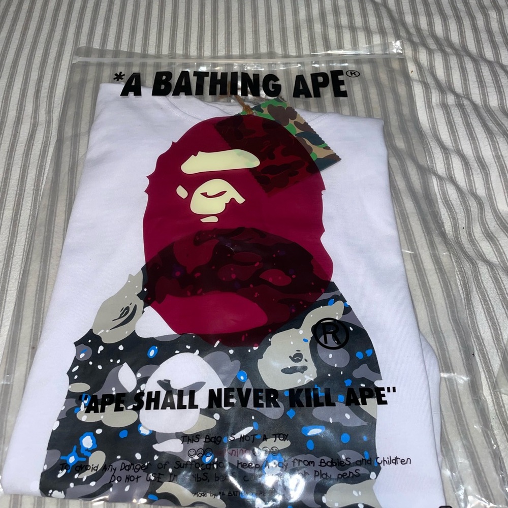 Bape White Tee with Red and Black Ape Graphic